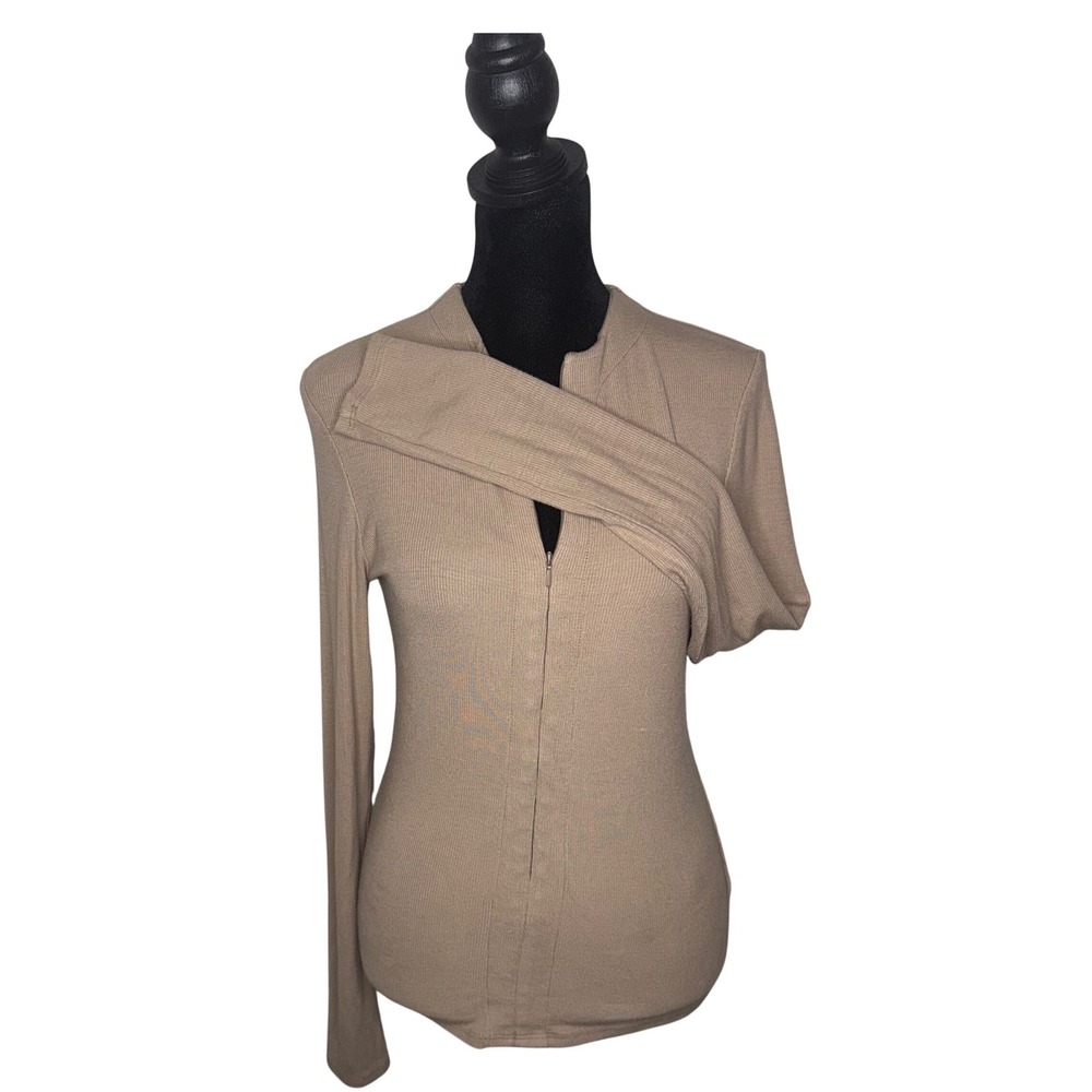 Joah Brown Invisible Zip Ribbed Long Sleeve Shirt Top Size Womens M/L‎ Stretch